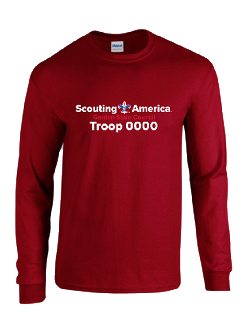 Red long-sleeve shirt featuring the Scouting America Garden State Council logo and customizable troop number.