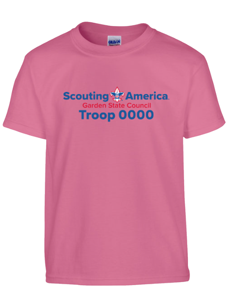 Pink short-sleeve shirt featuring the Scouting America Garden State Council logo and customizable troop number.