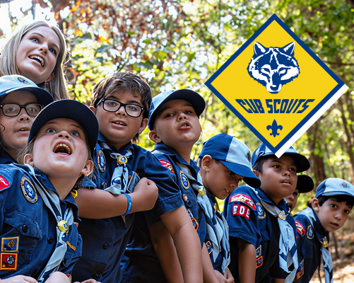 Group of Cub Scouts gathered outdoors in a wooded area with the Cub Scouts logo displayed above them.