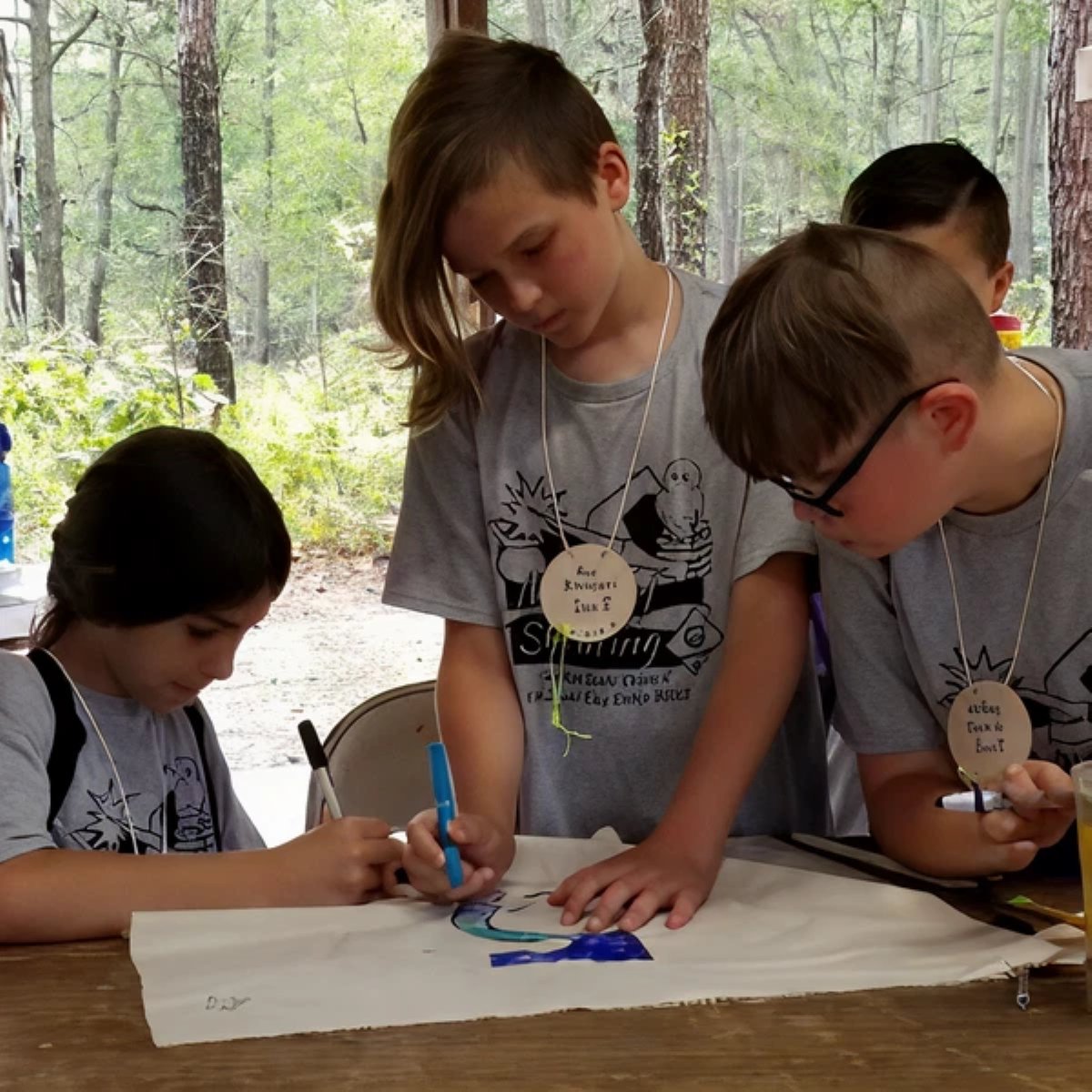 Scouts working together on a drawing during an outdoor camp activity.