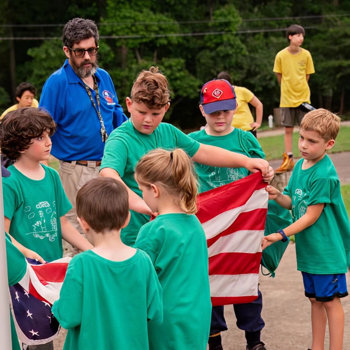Young Scouts working together to fold an American flag during an outdoor Scouting activity.