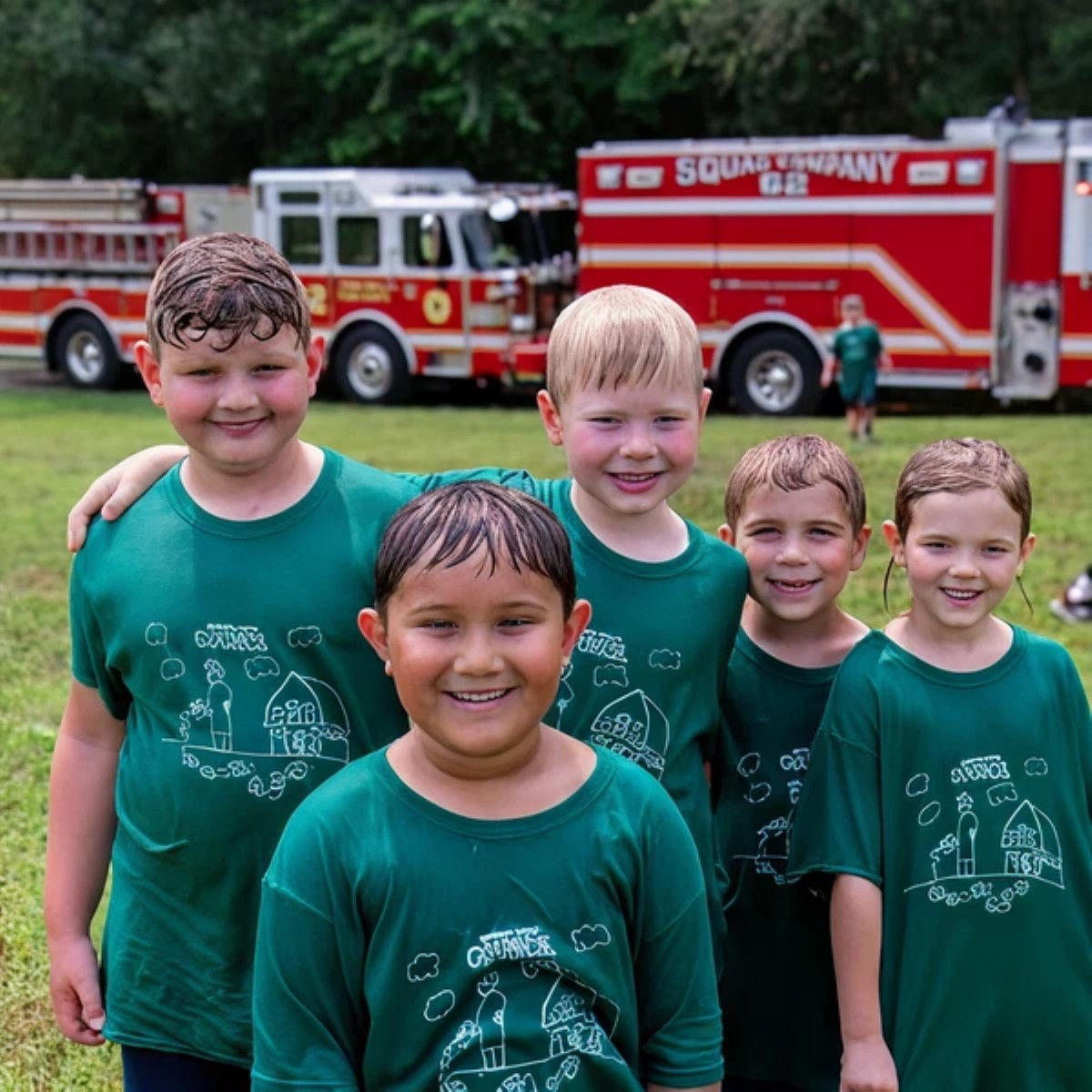 Five smiling Scouts standing outdoors in front of fire trucks after a water activity.
