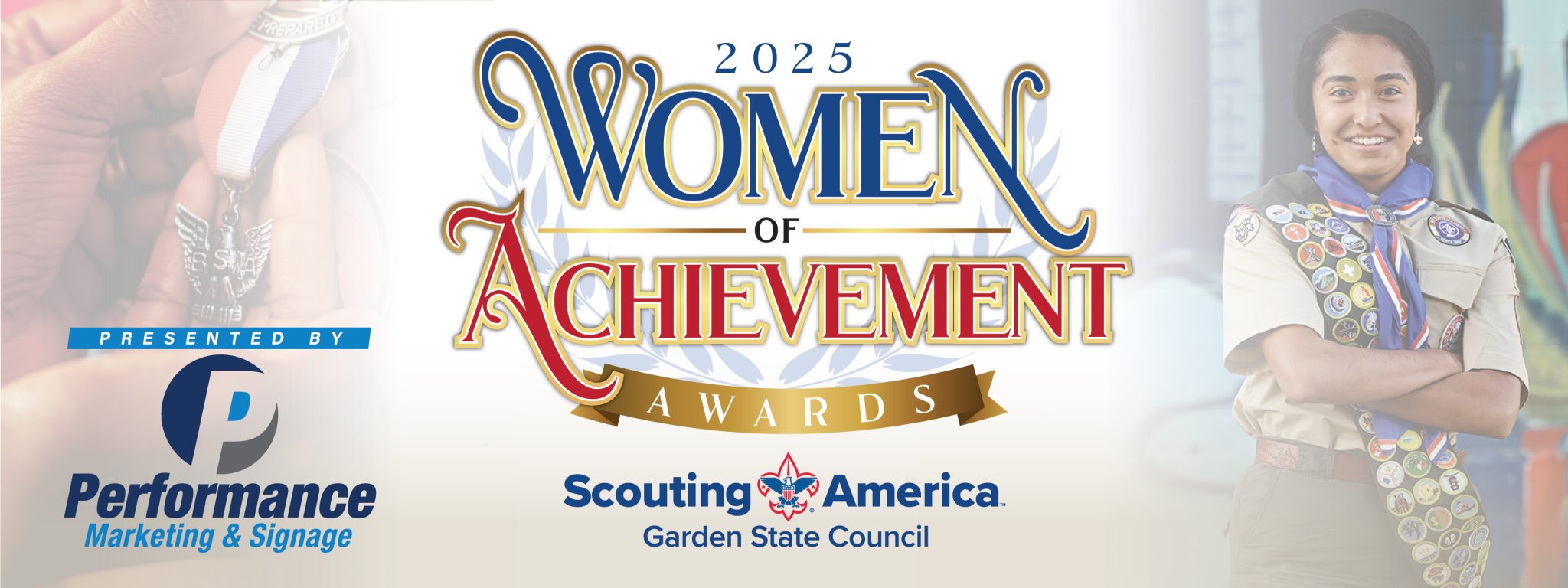 2025 Women of Achievement Awards banner featuring a female Scout and Garden State Council branding.