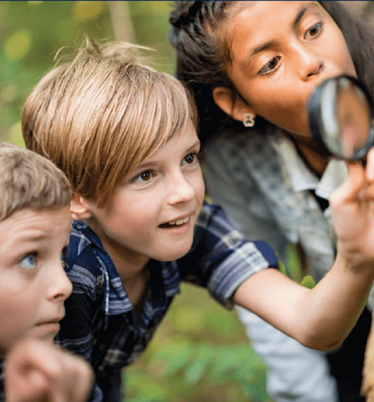 Scouts using magnifying glasses to examine objects during an outdoor nature activity.