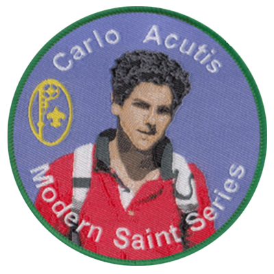 Circular Carlo Acutis Modern Saint Series patch featuring an illustrated portrait of Carlo Acutis.