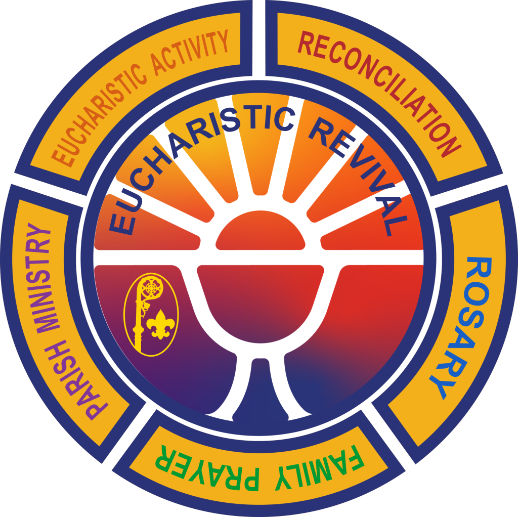 Eucharistic Revival badge featuring a chalice and sunburst surrounded by sections representing Eucharistic activity, reconciliation, rosary, family prayer, and parish ministry.