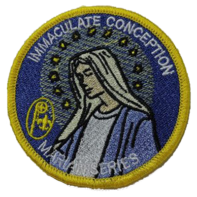 Circular Immaculate Conception Scouting emblem featuring an image of the Virgin Mary surrounded by stars.