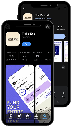 Smartphone displaying the Trail’s End fundraising app with popcorn products and sales information.