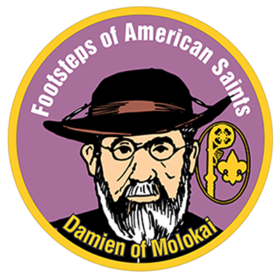 Circular Footsteps of American Saints badge featuring an illustrated portrait of Damien of Molokai.