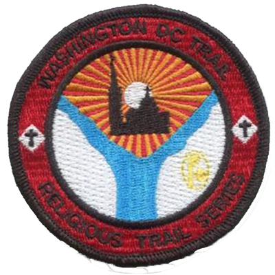Circular Religious Trail Series patch featuring a stylized figure with raised arms beneath a radiant sun.